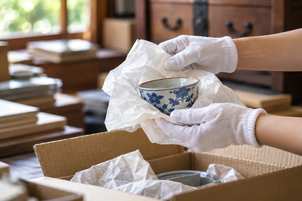 白い手袋で陶器を薄紙に包む作業のイメージ